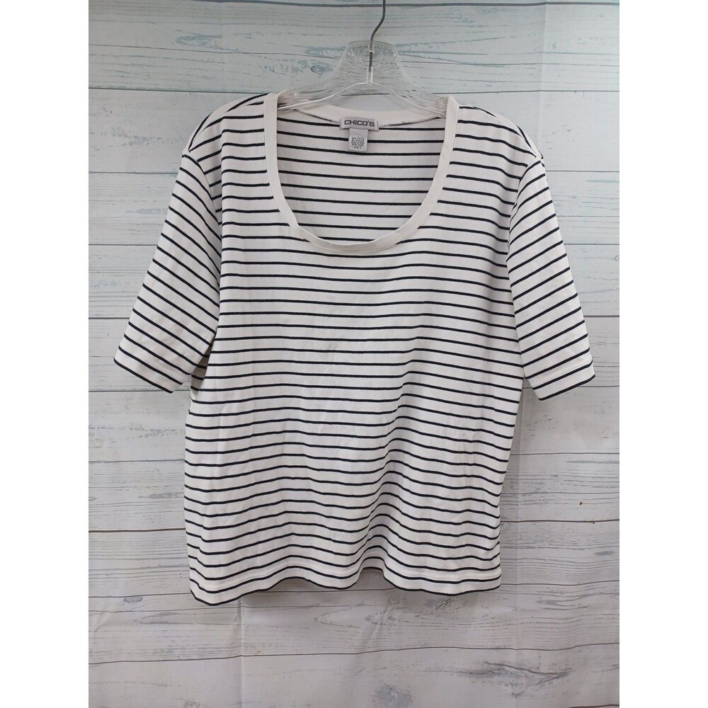 Chicos Womens Striped Shirt Top Short Sleeve White Black Sz 3 Casual Top